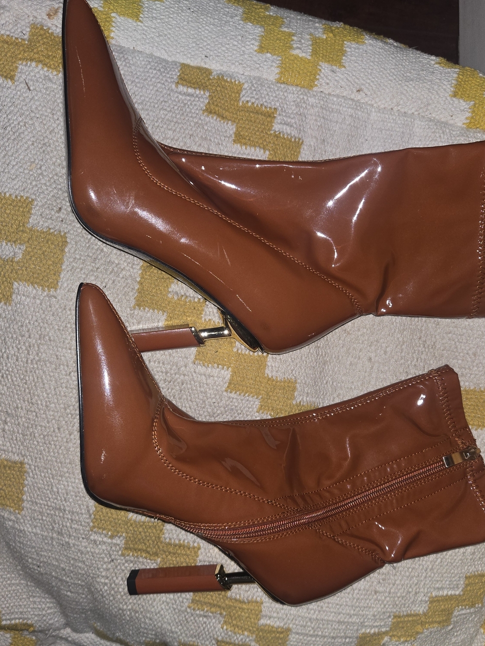AKIRA Cognac Patent Pointed Stiletto Ankle Boots